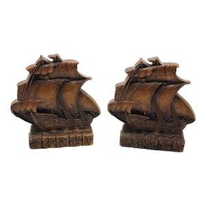 Set Vintage Fermalibri Taglialibri Nave Alta Intagliato Legno Orna Siroco Marrone Arancione Nautico - Foto 1 di 12