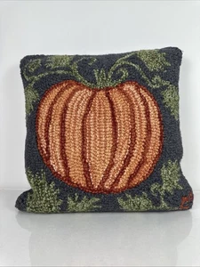 Chandler 4 Corners Green Orange Wool Hand Hooked Pumpkin Pillow Laura Megroz 18” - Picture 1 of 15