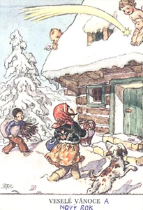 Postal checa Vesele Vanoce Feliz Navidad niños y querubines M Kvěchová-Fischerová - Imagen 1 de 2