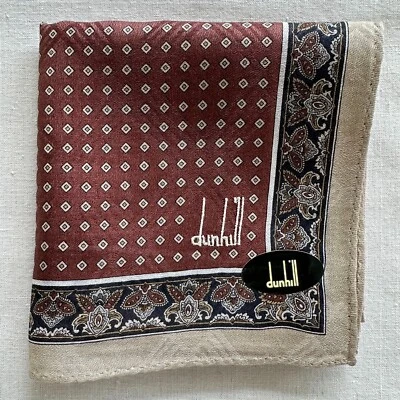 VTG dunhill Handkerchief Brown Cotton Geometric Border Paisley Pocket Square 19" - Image 1 of 3