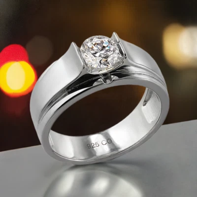 Men’s Sterling Silver Tension Set CZ Solitaire Engagement Ring – Sleek & Modern - Image 1 of 4