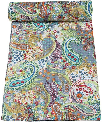 Queen Size Kantha Gray Paisley Quilt Indian Cotton Bedspread Throw Blanket - Image 1 of 4