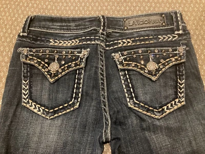 Junior's LA IDOL Thick Stitch Bling Crystals Crop Capri Blue Denim Jeans Size 5 - Image 1 of 4