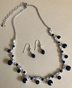 Necklace & Earring Set Black Faceted Beads Clear Rhinestones Silver Tone Metal - Picture 1 of 5