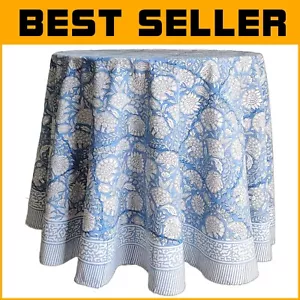 Versatile 72" Round Tablecloth - Handblock Floral Print Azora Blue Cotton Fabric - Picture 1 of 2