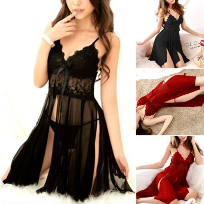 Womens Lace Dress Sexy See Through Nightwear Elastic Waist G-string Lingerie Set - Image 1 of 4