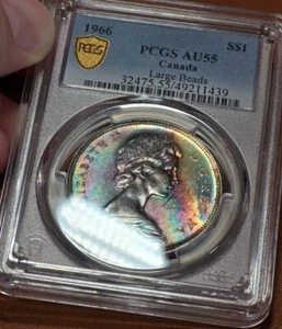 1966 Canadian Dollar Large Beads PCGS AU55 Amazing Rainbow Toned Terminal Color - Picture 1 of 5