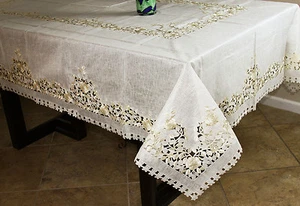 Beige Gold Embroidery Floral Cutwork Rectangle Organza Tablecloth 72x108" Napkin - Picture 1 of 11