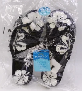 Sun & Sky Beaded Women's Black Floral Print Sandal Open Toe Flip Flop Size 5-6 - Picture 1 of 5
