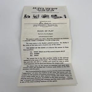 Jeu de société vintage Clue directions règles du jeu 1949, 1950 Parker Brothers - Photo 1 sur 5