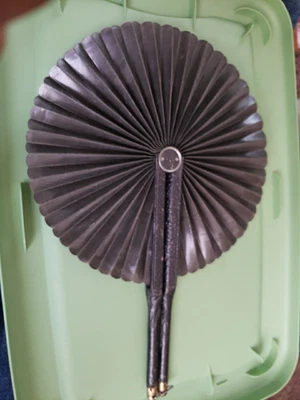 Antique Mourning Hand Fan Victorian Cockade Accordion Gothic Black Waxed Linen - Image 1 of 4