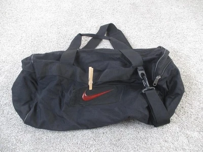 Nike Duffel Gym Travel Bag Black Red Swoosh Logo Nylon Shoulder Strap Pockets - Image 1 of 4