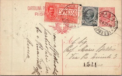 ITALY 1921 POSTAL EXPRESS UPRATED STATIONERY POSTCARD ADDR & POSTMARK - Image 1 of 2