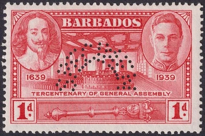 Barbados 1939 KGVI Tercer Centenario de la Asamblea General ESPECIMEN 1d Como Nuevo SG258s Foto 1 de 2