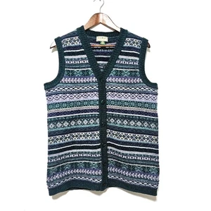 L.L. Bean 100% Wool Cardigan Size M Vest Fair Isle Vintage 90's USA Green Retro - Picture 1 of 5