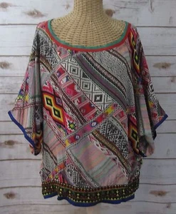 Haute Curry Womens Large Batwing Embroidered Multi-Color Boho Peasant Tunic L - Picture 1 of 9