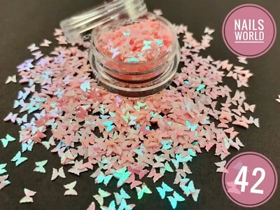 NAILS WORLD 42. Nail Art Glitter Pink BUTTERFLY Holographic Sequins Manicure Decoration UK