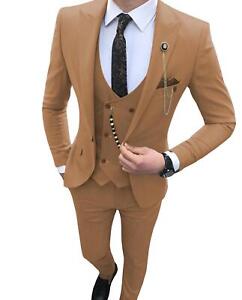 2022 Men's Suit Slim 3 Pieces Grey Prom Dress Suit+Vest+Pants Hot Top