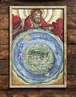 Mapa de Creación de la Tierra Plana 1534 - Universo Geocéntrico - Poste de Obertura a la Biblia Foto 1 de 4