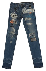 American Eagle Jeans Womens Hi-Rise Jegging 4 Blue Stretch Punk Rock Patch Art - Picture 1 of 15