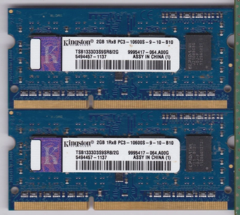 (2X) Kingston 2GB PC3-10600 DDR3-1333MHz Laptop Memory (Matching Set) - Image 1 of 1