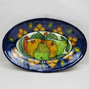 Handmade Redware Pottery Platter 13"x9" Artist Signed Hand Painted with Fruit - Picture 1 of 9