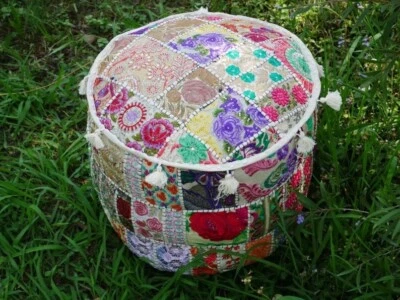 Indian White Round Pouffe Cover Vintage Cotton Footstool Ottoman Patchwork AU - Image 1 of 4