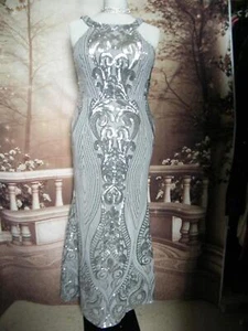 Evening Dress 14 Grey Silver Sequin QUIZ NEW Stretch Ballgown 1920 Art Deco Prom - Picture 1 of 8