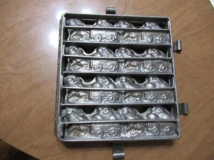 Old Heavy Hinged Steel Easter Bunnies Wagon Eggs Chocolate Mold 8.5" X 8" - Picture 1 of 22