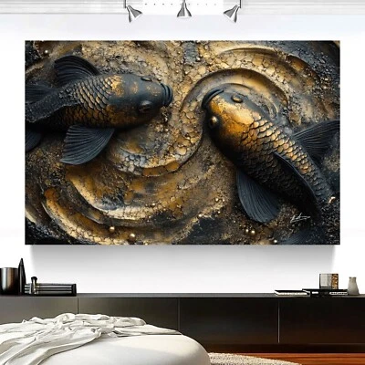 Leinwandbild Abstrakt Fische Schwarz Gold Metall Optik 3D Tierbild Wandbild 6459 - Bild 1 von 4