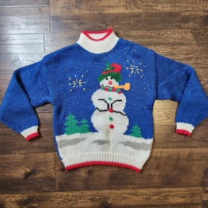 Vintage Color Cues Hand Knitted Ugly Christmas Sweater Snowman Womens sz Small - Picture 1 of 15