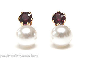 9ct Gold Pearl and Garnet Studs earrings Gift Boxed Made in UK Birthday gift