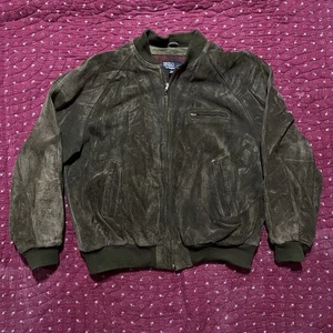 Vintage Polo Ralph Lauren Suede Bomber Jacket Size L Olive Green Rare Heavy Warm - Picture 1 of 11