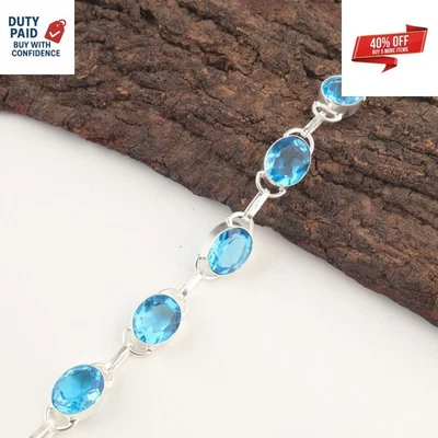 Cyber Monday Sale Swiss Blue Topaz 925 Sterling Silver Sister New Chain Bracelet - Image 1 of 4