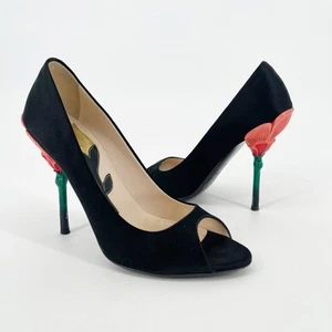 Prada Spring 2008 Fairy Collection Black Satin Peep Toe Pump Flower Heel IT 37 - Picture 1 of 16