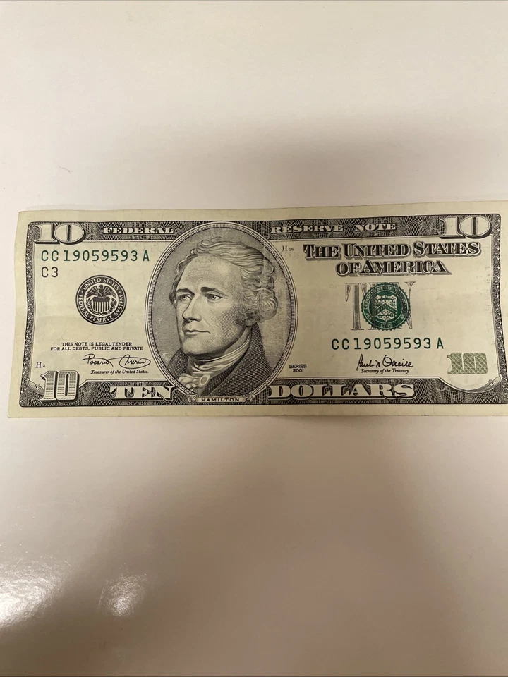 2001 $10 Ten Dollar Bill Federal Reserve Note  Vintage Rare 24 Years Old! - Image 1 of 4