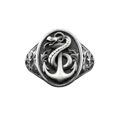 Anello con sigillo da uomo serpente e ancora in argento sterling, anelli... - Immagine 1 di 4