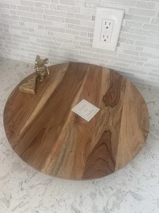 16” Round Acacia Wood Lazy Susan with Brass Mouse & Cheese Accent Made in India - Picture 1 of 4