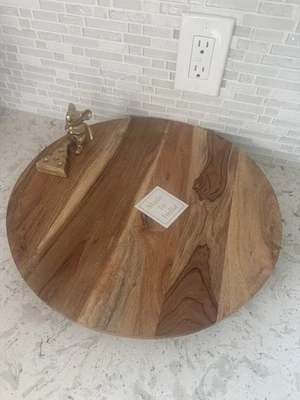 16” Round Acacia Wood Lazy Susan with Brass Mouse & Cheese Accent Made in India - Image 1 of 4
