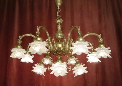 very large chandelier 12 flames brass fine satined rose pedal glass c. 1970 - Image 1 of 4