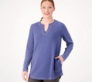 LOGO by Lori Goldstein maglia waffle scollo diviso blu marmo taglia XS A559484 - Foto 1 di 5