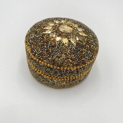Vintage Beaded Trinket Box, Round Rhinestones Jeweled Accent Metal  3" Gold - Image 1 of 4