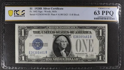 PCGS Choice UNC 63 PPQ 1928B $1 "Funny back" Silver Certificate E-B block - Image 1 of 2