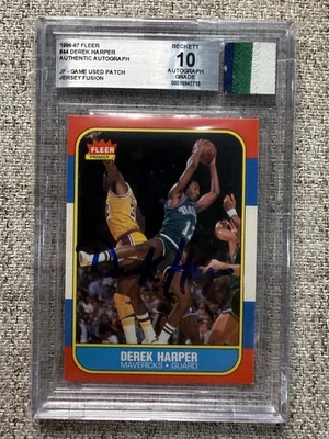 1986-87 Fleer Jersey Fusion #44 Derek Harper RC GU Patch BGS 10 AUTO - Image 1 of 2