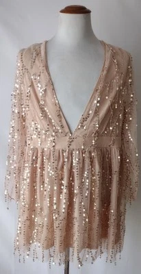 Double Crazy Womens Dress 2XL Peach Sequins And Blink Plunge V Neck Fringe Party - Image 1 of 4
