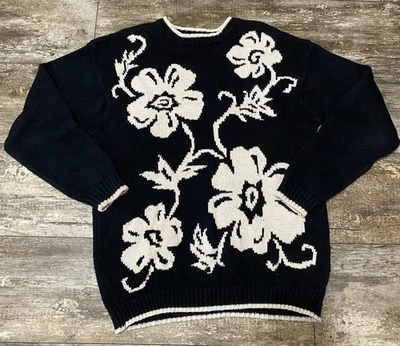 DE COLECCIÓN 80 90 LIZ WEAR SUÉTER TALLA Med Negro Crema Estampado Floral Grueso Foto 1 de 4