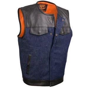 MILWAUKEE LEATHER MEN'S 'BRUTE' CONCEALED SNAP DENIM & BLACK LEATHER VEST - SAPT - Picture 1 of 7