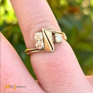 14K Yellow Gold 0.41ctw Round Brilliant Diamond Zig Zag Puzzle Ring Set Size 5 - Picture 1 of 13