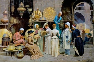IN THE BRASS COPPER SOUK MARKET BAZAAR CUIVRES PAINTING BY NICOLA FORCELLA REPRO - Picture 1 of 3