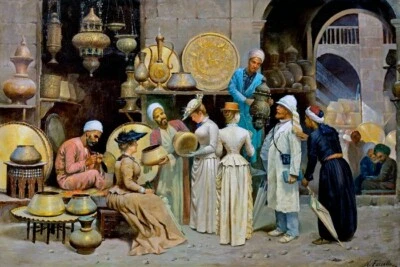 IN THE BRASS COPPER SOUK MARKET BAZAAR CUIVRES PAINTING BY NICOLA FORCELLA REPRO - Image 1 of 3